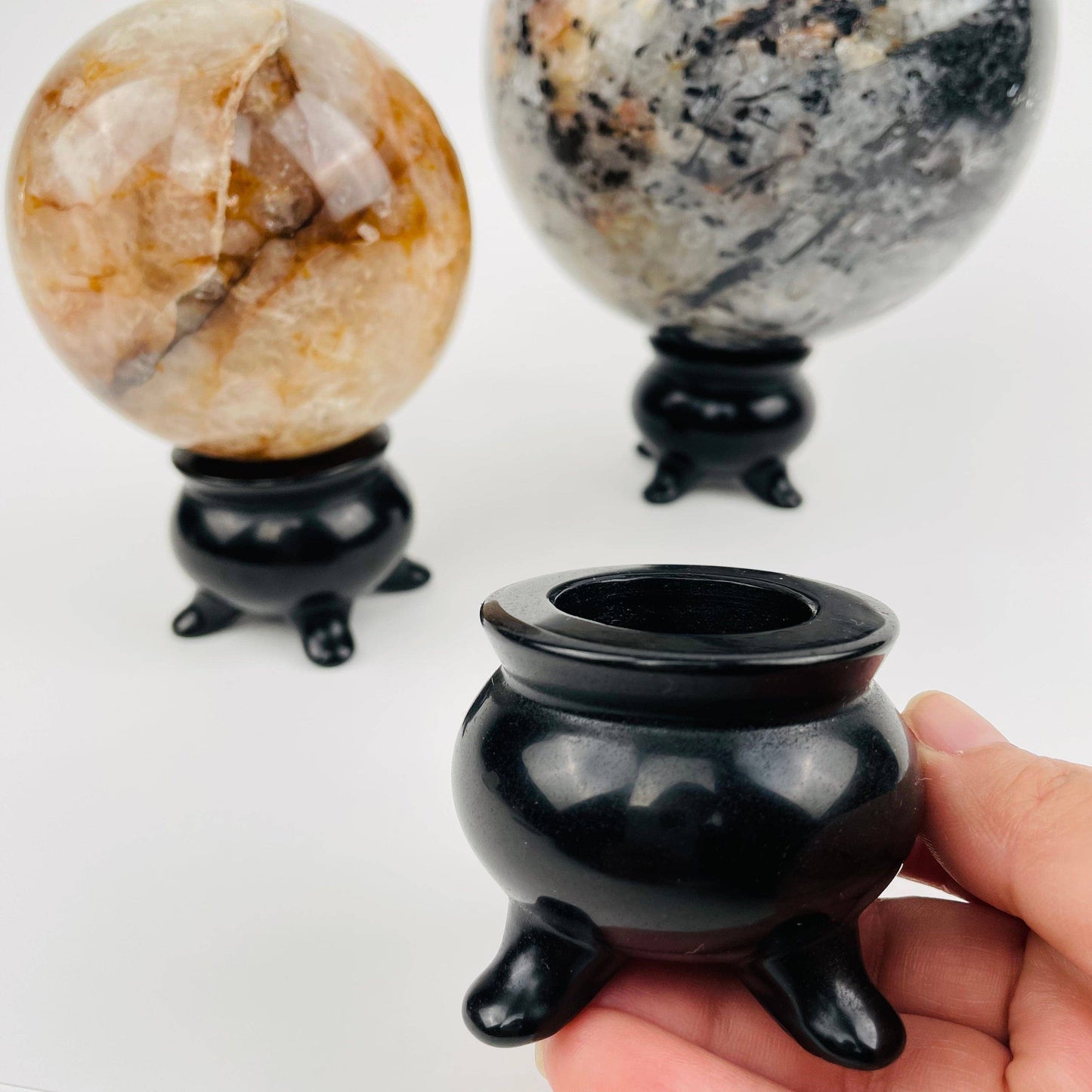 Black Obsidian Cauldron Sphere Holder